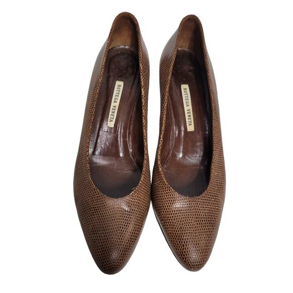 Vintage Bottega Veneta Heels Brown Pump Snakeskin Embossed Leather 8.5 AA Narrow - Picture 2 of 15